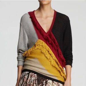 NWT womens Anthropologie Tracy Reese Colorblock V-Neck Fringe Sweater SMALL